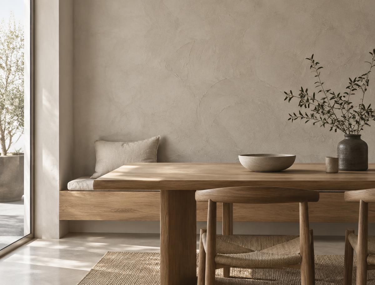 Skandinavisk spisestue med mineralsk lerpuds